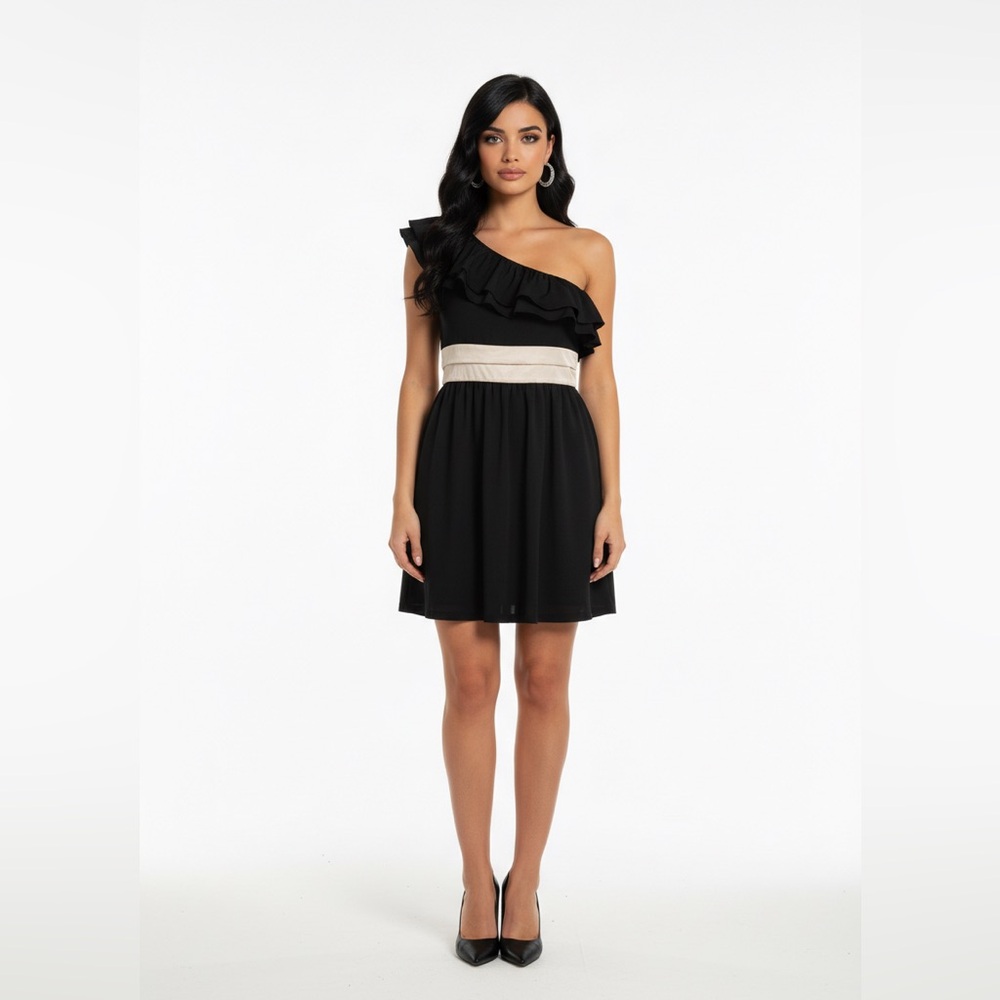 Katie One-Shoulder Ruffle Mini Dress Black & Beige Colorblock Stretchy Party